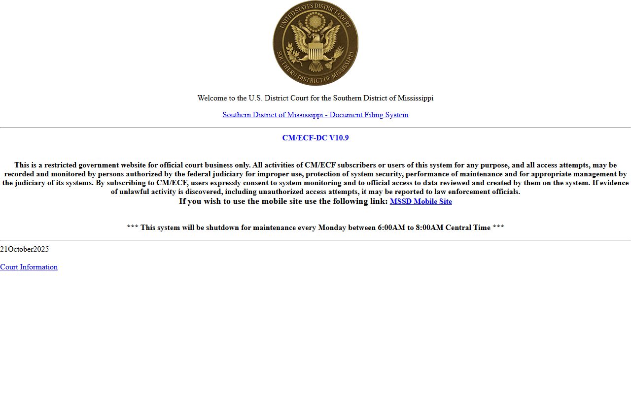 George County court dockets access through the Southern District of Mississippi CM/ECF docket system