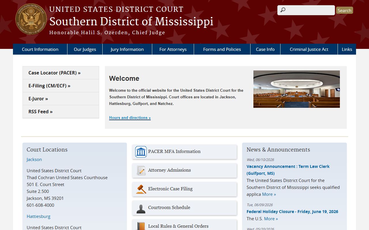 Southern District of Mississippi federal court site used for George County court records research
