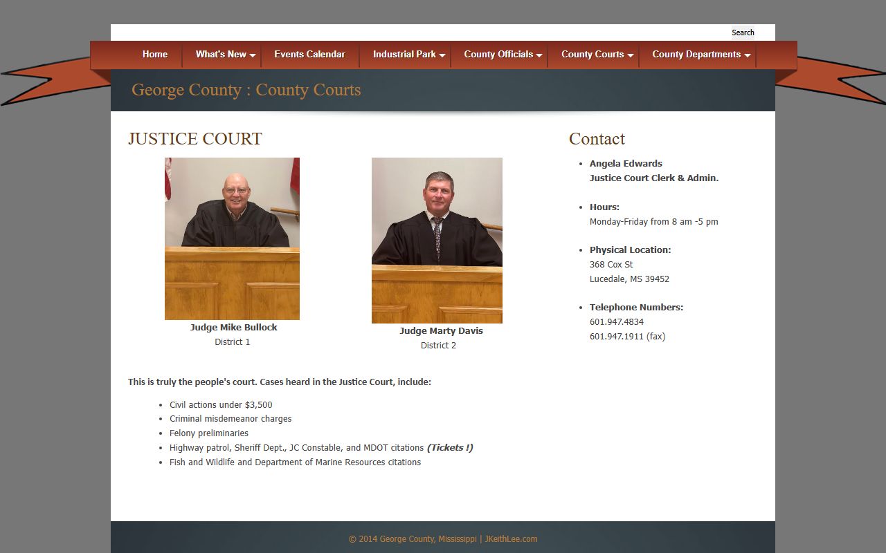 George County Justice Court official page showing judges, clerk, and case types