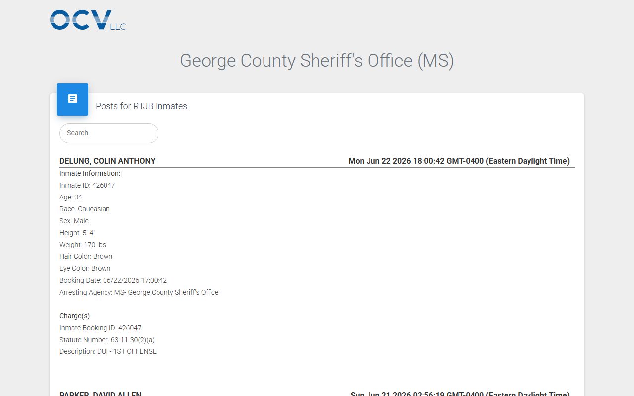 George County inmate roster search page from the Sheriff's Office app