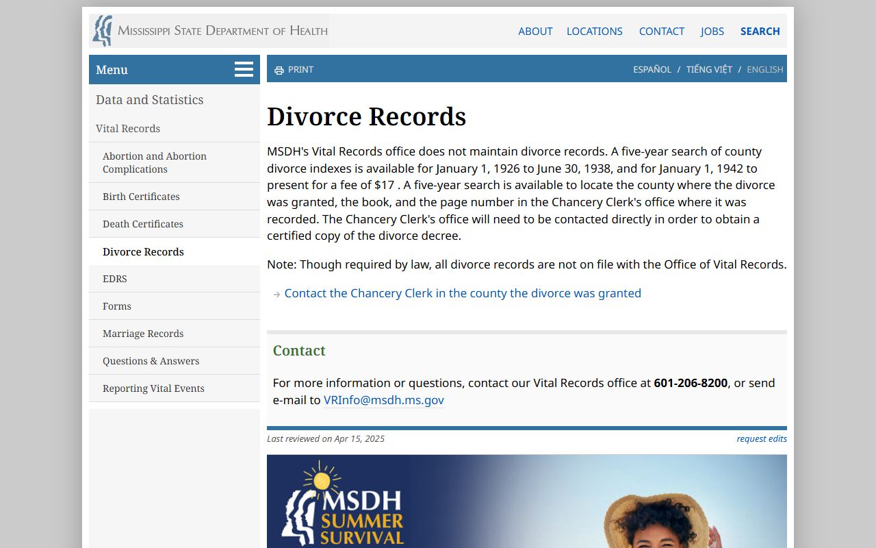 MSDH divorce-records page used for George County divorce records research
