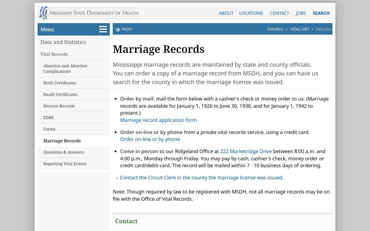 MSDH marriage-records page used for George County marriage records ordering