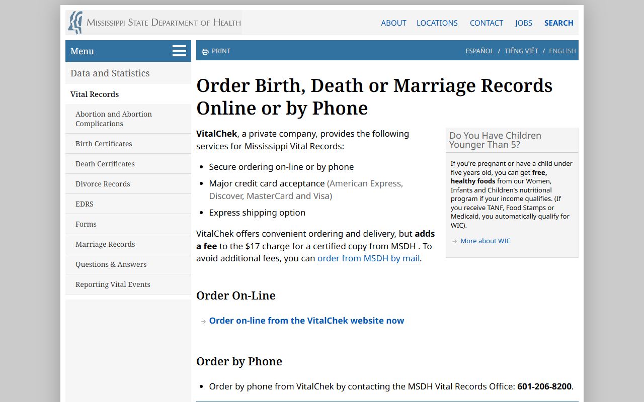 MSDH online and phone ordering page for George County marriage records