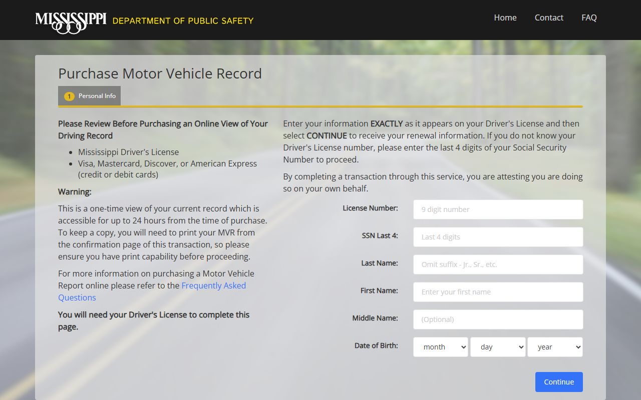 George County traffic driver record purchase on the Mississippi.gov MVR form